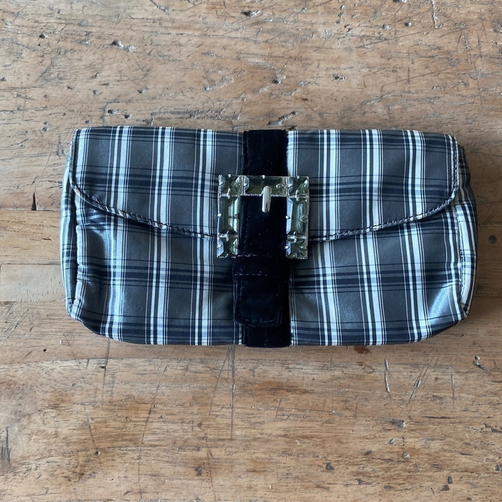 J.Crew Silk Purse – Black & White Plaid with Rhinestone Accent – Like New